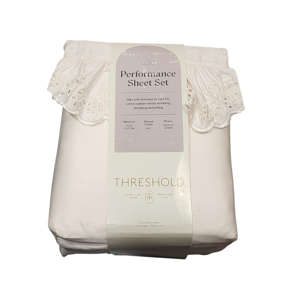 Threshold King Performance Sheet Set 400TC Cotton Sateen Eyelet Ruffle Ivory 4pc